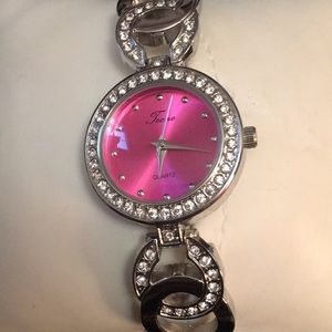 Silver and rhinestones Quartz link bracelet watch